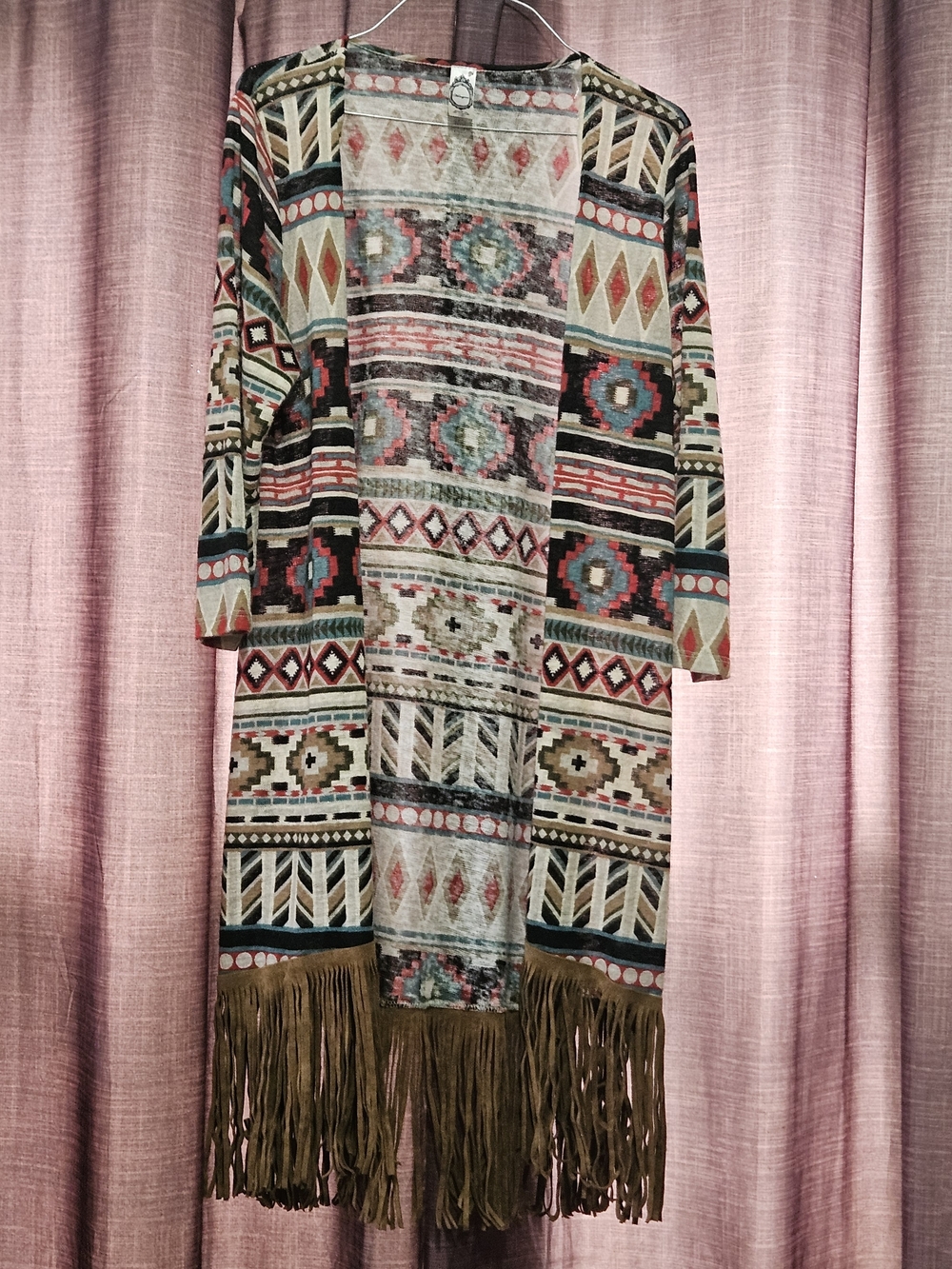 Honeyme Aztec Print Draped Cardigan in Teal, Coral, Black